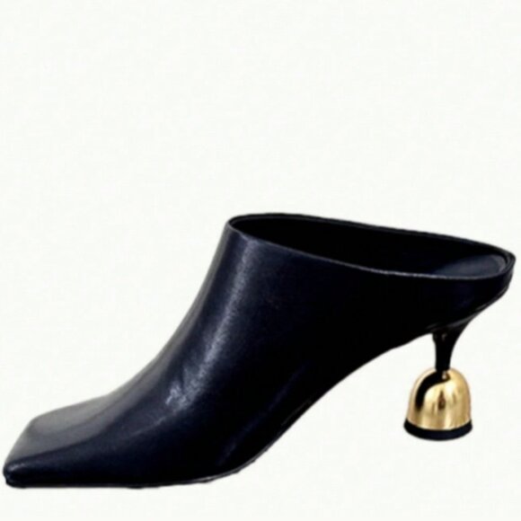 Women's Gold metal Heel Square Toe Slip-On High Heels Mules Shoes Black - Picture 4 of 4
